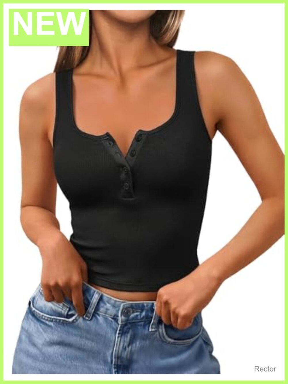Ribbed Button Up Crop Tank Top Square Neck Sleeveless Cami